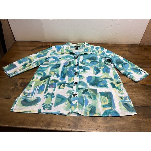 Ali Miles Tops - Ali Miles Button Front Tunic Top Linen Blend Blue Green Watercolor Abstract Sz L